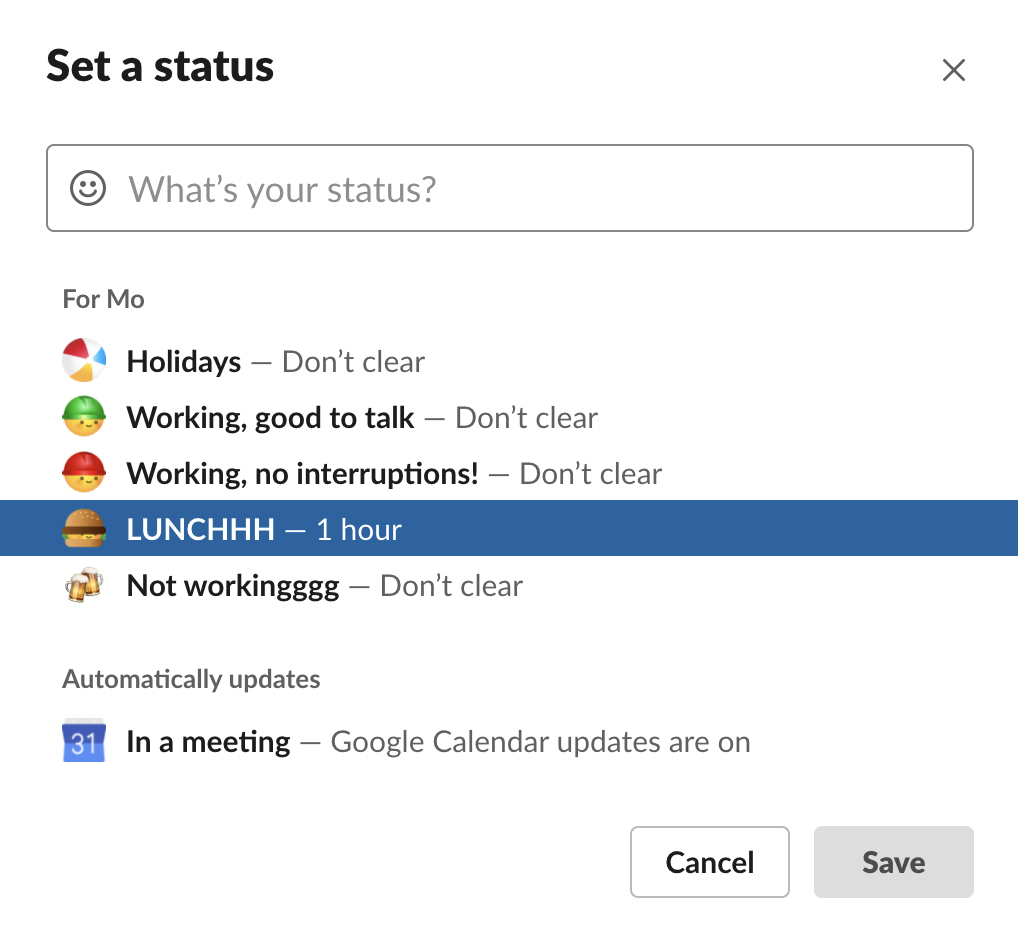Remember to set your status to lunch break on Slack